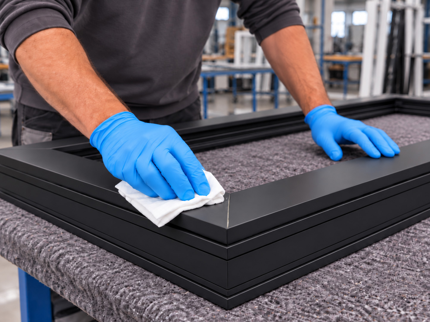 Gloved hand removing fresh adhesive residue from an anthracite aluminium window profile.
