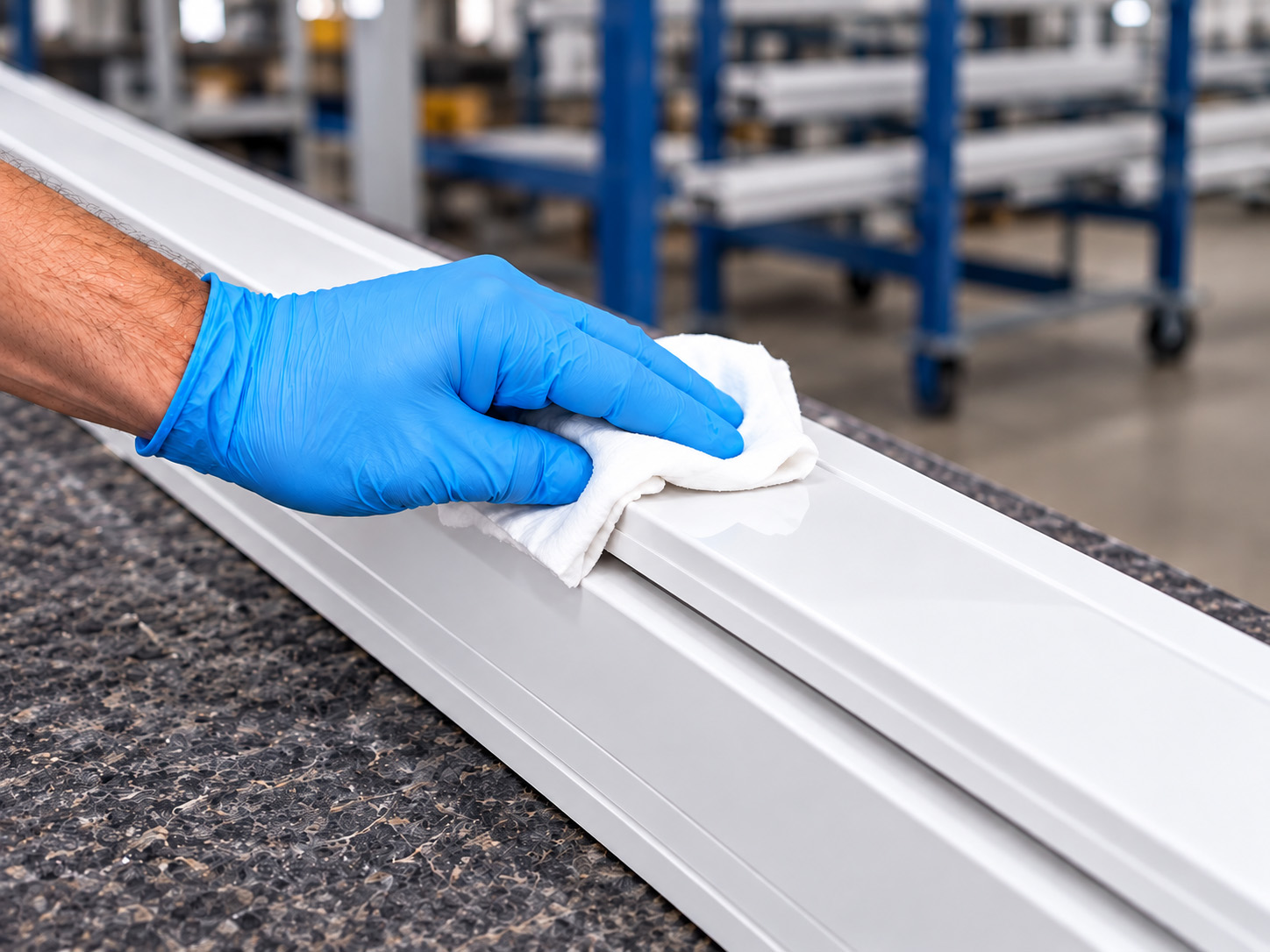 Gloved hand cleaning a white PVC window profile before bonding an additional profile.