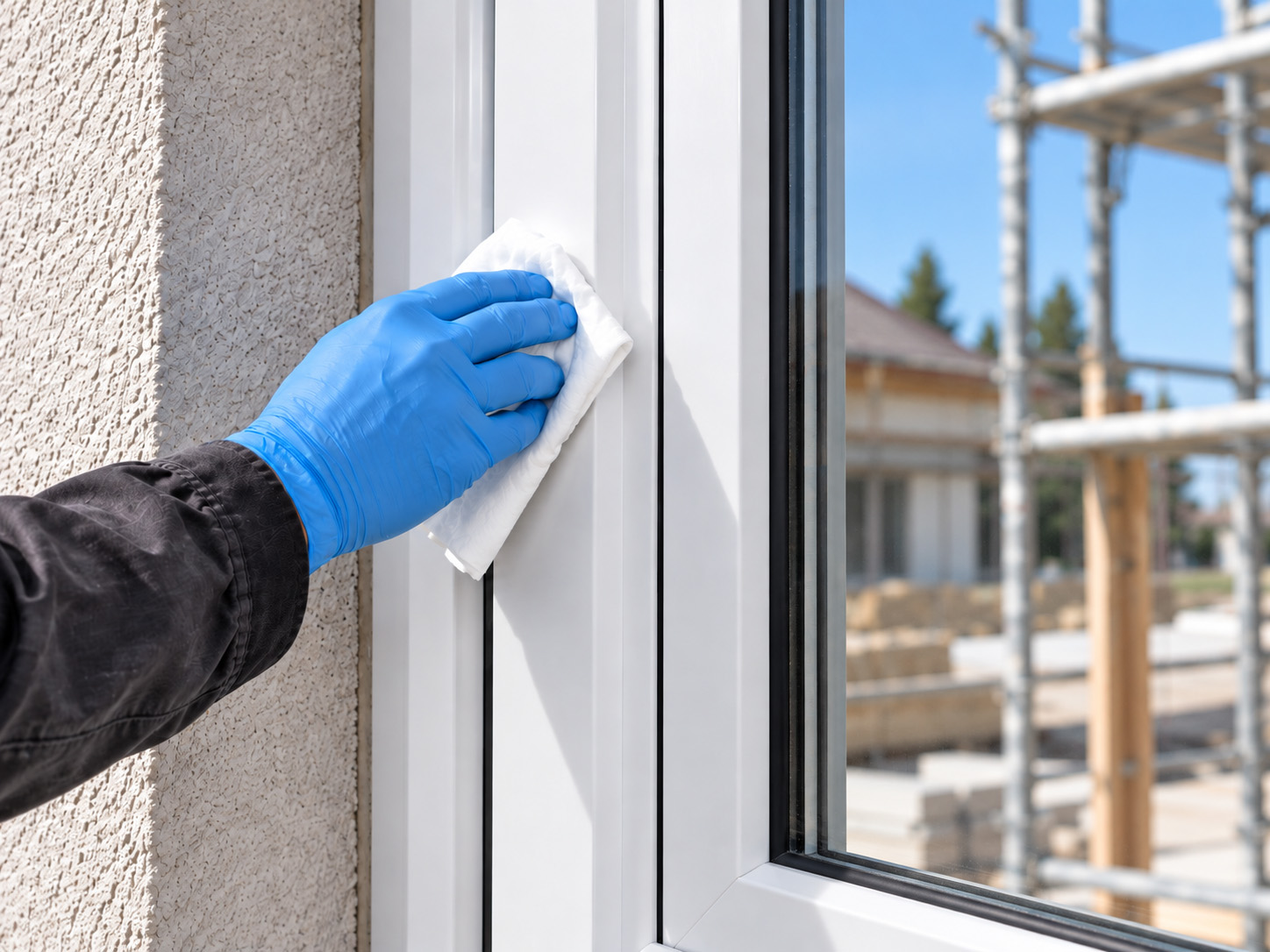 Gloved hand cleaning the exterior PVC window profile after removing the protective film.